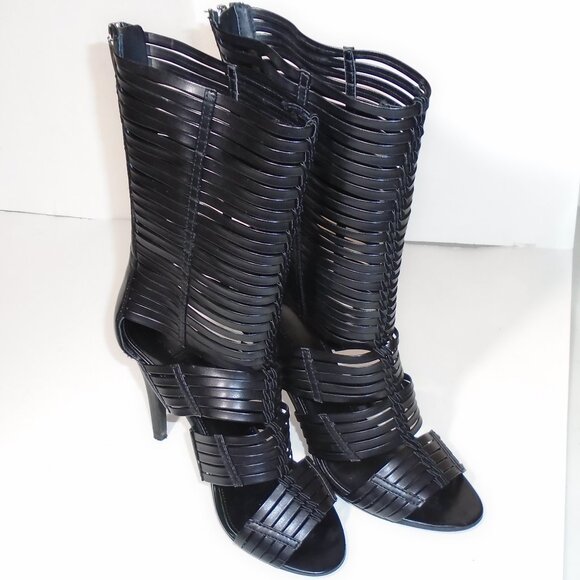 Colin Stuart Calf High Boots Stiletto Heel Pumps Skin Baring Peep Toe Black - Picture 1 of 14